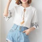 Elbow-sleeve Feather-accent Top Off-white - One Size