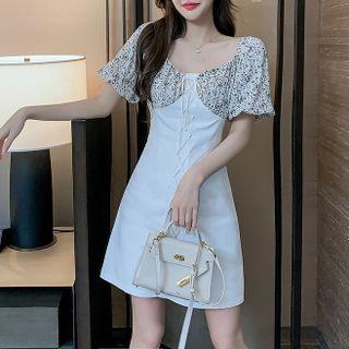 Short-sleeve Flower Print Panel Mini A-line Dress