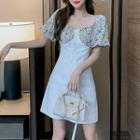 Short-sleeve Flower Print Panel Mini A-line Dress