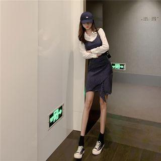 Striped Strappy Sheath Dress / Plain Shirt