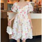 Floral Puff-sleeve A-line Dress White - One Size