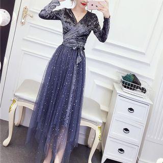 Set: Long-sleeve Velvet Top + Midi Mesh Sequined Skirt