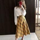 Long Sleeve Plain Blouse / Check A-line Skirt