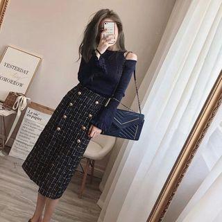 Set: Bell Sleeve Cold Shoulder Knitted Top + Plaid Tweed Pencil Skirt