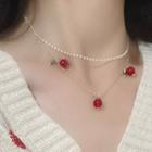 Bead & Faux Pearl Layered Choker 0661a - Red Bead - Silver - One Size