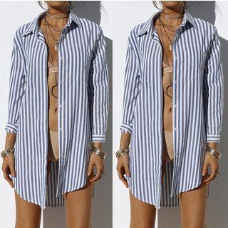 Single-breasted Long-sleeved Collared Striped Open-front Blouse