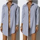 Single-breasted Long-sleeved Collared Striped Open-front Blouse