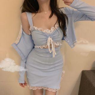 Lace Trim Cutout Spaghetti Strap Mini Bodycon Dress / Plain Cardigan