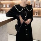 Long-sleeve Midi Velvet Dress Black - One Size
