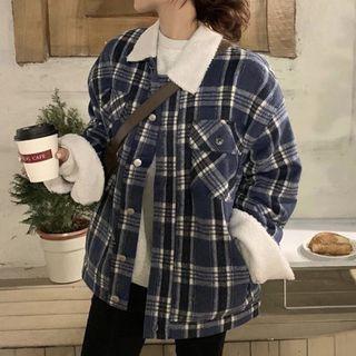 Plaid Panel Furry Lapel Jacket Dark Blue - One Size