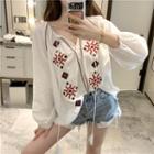 Long-sleeve Pattern Embroidered Blouse White - One Size