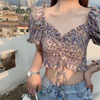 Drawstring Floral Short-sleeve Cropped Blouse