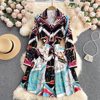 Shirt Collar Print Long-sleeve A-line Dress