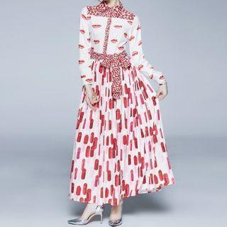 Lips Print Long-sleeve Midi A-line Dress