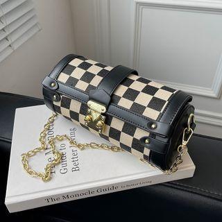 Check Panel Faux Leather Barrel Crossbody Bag
