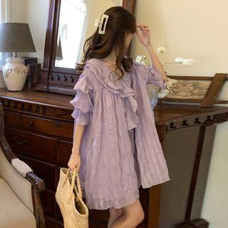 Elbow-sleeve Ruffle Mini A-line Dress Purple - One Size