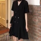 Plain V-neck Midi Dress Black - One Size