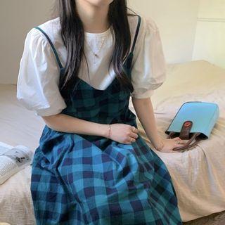 Gingham Midi A-line Overall Dress / Puff-sleeve Blouse