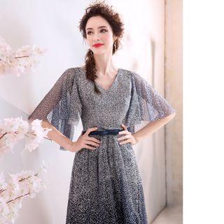 Elbow-sleeve Gradient A-line Evening Gown