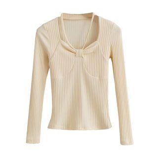 Long-sleeve Ribbon Ribbed Top