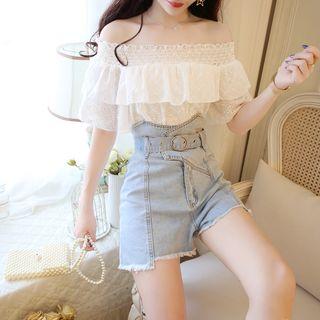 Set: Off-shoulder Layered Top + Denim Shorts