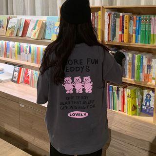 Bear Printed Elbow-sleeve T-shirt