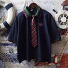 Short-sleeve Tie Neck Polo Shirt Navy Blue - One Size
