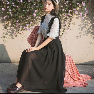 Set: Short-sleeve Lace Top + Midi Suspender Skirt