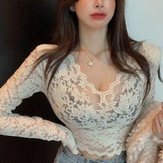 Cropped V-neck Sheer Lace Top