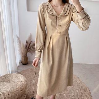 Contrast Trim Button Long-sleeve Midi A-line Dress
