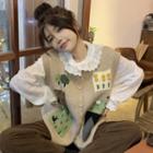 Long-sleeve Lace Trim Blouse / Floral Embroidered Button-up Sweater Vest