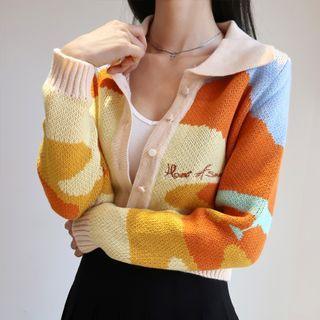 Embroidered Color-block Long-sleeve Cardigan