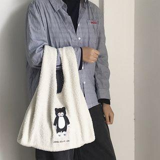 Cat Embroidered Furry Shopper Bag White - One Size