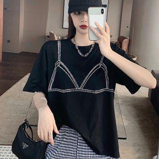 Short-sleeve Rhinestone T-shirt / Wide Leg Pants