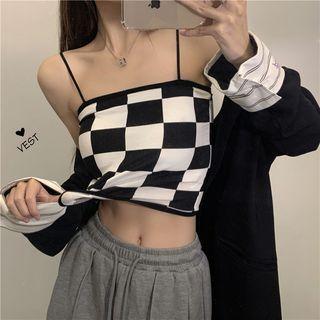 Checker Print Crop Camisole Top Checker Print - Black & White - One Size