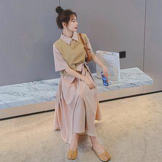 Set: Elbow-sleeve Maxi A-line Shirtdress + Vest