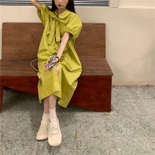 Puff-sleeve Collared Bow Midi A-line Dress