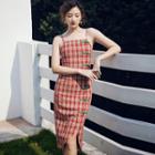 Spaghetti Strap Plaid Frog Button Sheath Dress