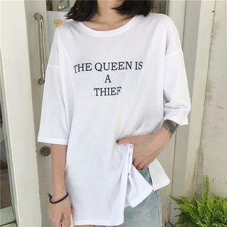 3/4 Sleeve Safety Pin Detail Lettering T-shirt