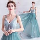 Spaghetti Strap Layered Mesh A-line Eveing Gown