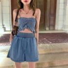 Shirred Denim Cropped Tube Top / High-waist Shorts
