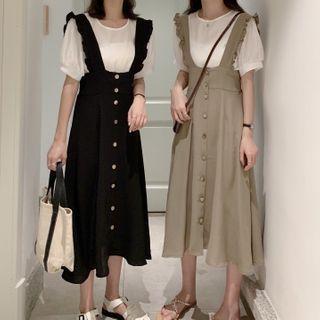 Puff-sleeve Blouse / Ruffle Trim Midi A-line Pinafore Dress