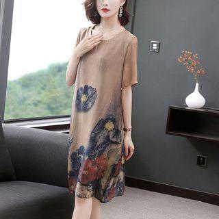 Elbow-sleeve Flower Print Shift Dress