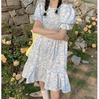 Puff-sleeve Print A-line Dress As Figure - One Size