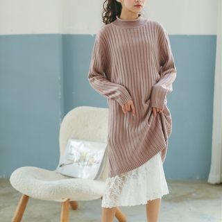 Mock-neck Long-sleeve Knit Dress / Lace Slipdress