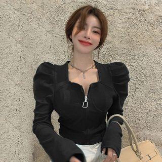 Square-neck Puff-sleeve Zip Crop Top