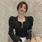 Square-neck Puff-sleeve Zip Crop Top