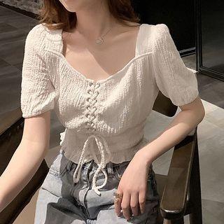Crinkled Short-sleeve Lace-up Cropped Blouse