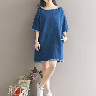 Fray Trim 3/4 Sleeve Denim Dress