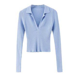 Long-sleeve Collared Knit Crop Top